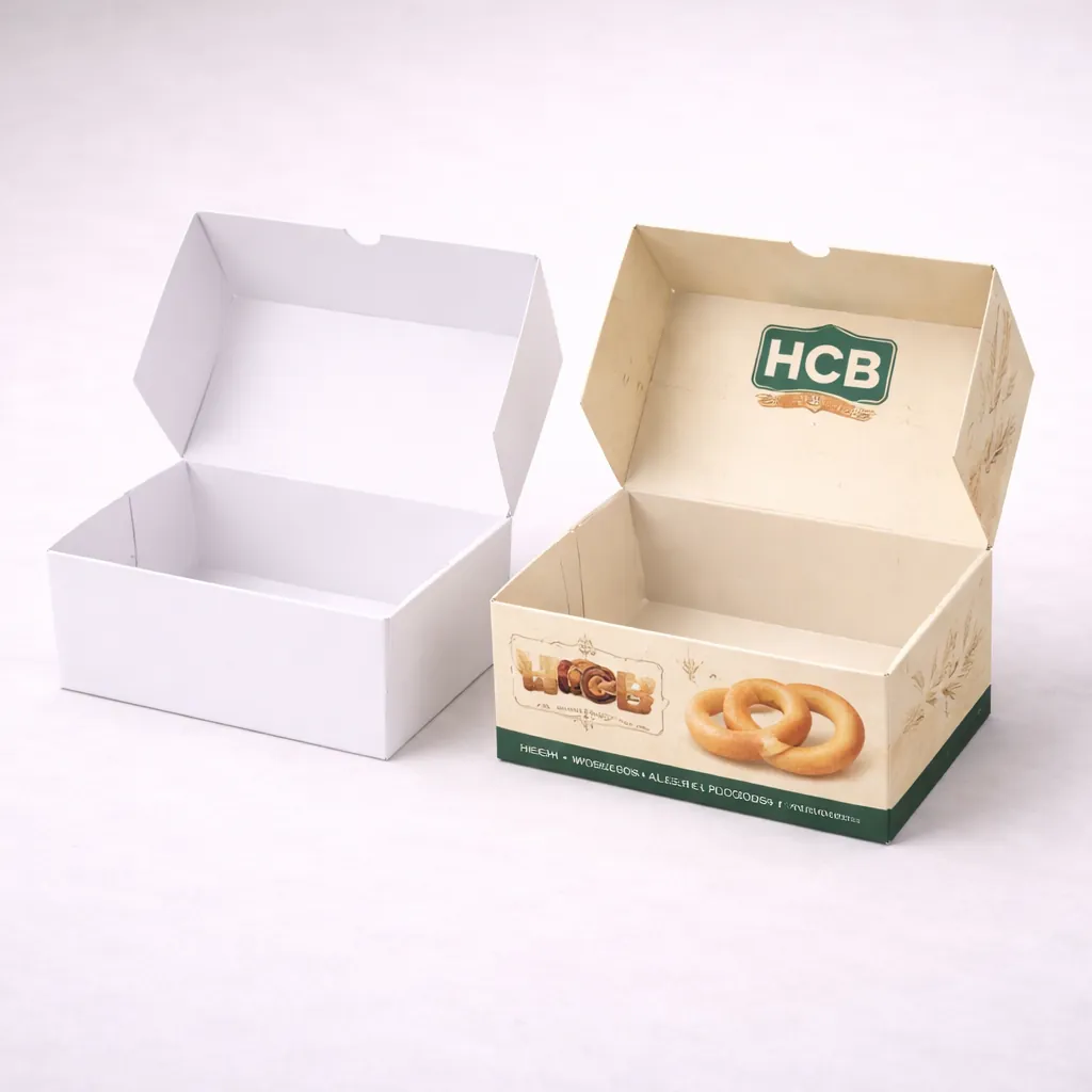 Two rectangular boxes with a side tuck, featuring a white version and a custom-printed bagel design. class=